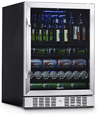 NewAir Beverage Refrigerator Cooler with 177 Can Capacity – Mini Bar Beer Fridge with Reversible Hinge Glass Door – Cools to 37F – ABR-1770 – Stainless Steel
