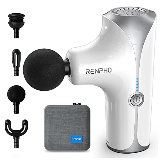 Mini pistolet de massage, RENPHO Massage électrique des tissus et muscles profonds avec 4 têtes et 5 modes, taille portable, longue durée de vie des piles, cadeaux pour hommes, femmes - Blanc