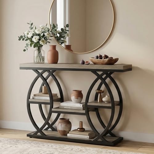 LITTLE TREE 39.4" Oval Console Table with Storage, 4-Tier Entryway Table, Industrial Sofa Tables Behind Couch, Hallway Accent with Wood Shelves & Metal Frame for Foyer, Living Room, Grey by LITTLE TREE - Image 2