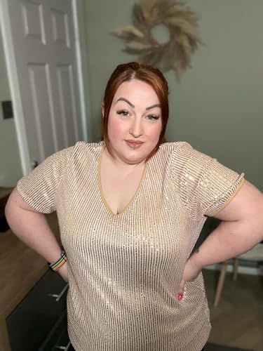 CARCOS Plus Size Sequin Top for Women Short Sleeve Party Blouse Evening Sparkle Shimmer V Neck Glitter Shirt Ladies XL-5XL3