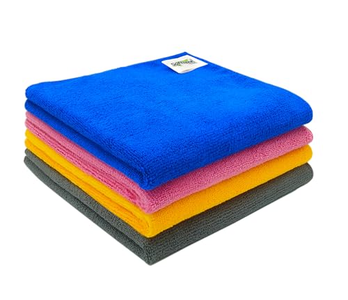 Image of SOFTSPUN Microfiber Super Absorbent Small Wipes 340 GSM 40x40cms 4 Piece Multicolor! Highly Absorbent Lint and Streak Free Multi -Purpose Wash Cloth for Kitchen Window Stainless Steel Silverware.