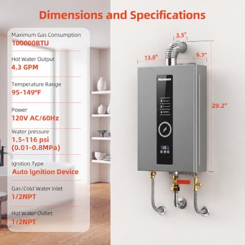 Novieex Propane Gas Tankless Water Heater Up to 4.3 GPM 100,000 BTU, Indoor