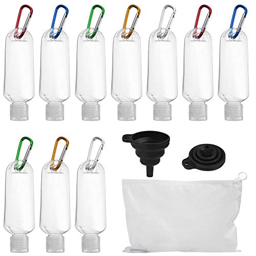 househome Botellas de Viaje portátiles para apretar, Paquete de 10 Botellas de Viaje vacías de plástico Transparente de 50 ml con mosquetón, Botellas de Viaje cosméticas, loción cosmética