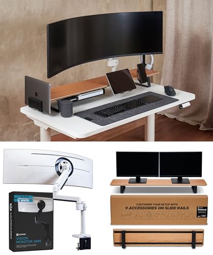 Image of ULTRARM Heavy Duty Ultrawide Monitor Arm White with Moodular Wooden Monitor Stand Large Desk Organizer Oak