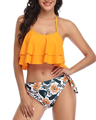 Biquíni Aqua Eve frente única com babados e duas peças, Yellow-1, X-Large