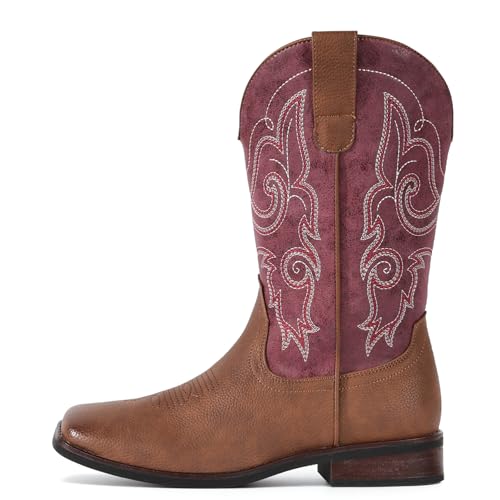 Image of IUV Cowboy Boots For Women Square Toe Cowgirl Wide Mid Calf Western Boots | Comfortable, Pull-on, Colorful Embroidered, Vintage-modern, Stylish for Daily Life and Outdoor Adventures.