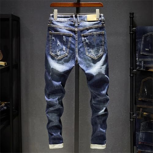 Mens Spring Ripped Jeans Slim Fit Dark Blue Destroyed Torn Moto Biker Pants Hip Hop Jeans Denim 7