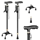 Spalivivre Walking Stick with LED Light, Quad Cane with Ergonomic Handle & 4-Prong Base for Standing, Foldable & Adjustable Lightweight Aluminum Cane for Men & Women and Seniors