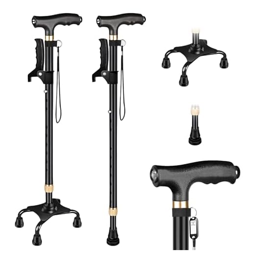 Quad Cane Lightweight Adjustable Walking Stick with Extra Handle Quad Base LED Light for Men Women Seniors