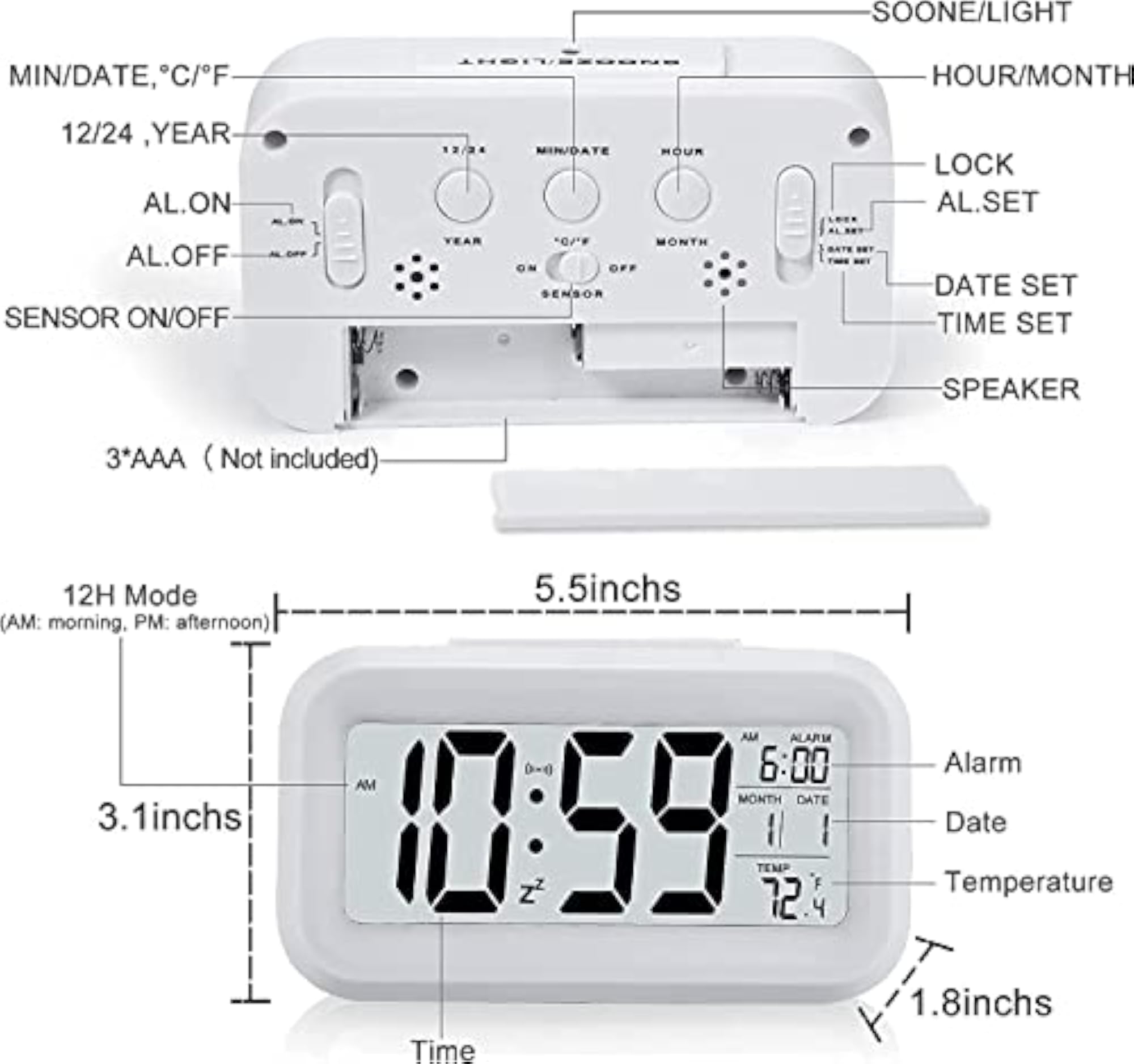 Upgraded Digital Alarm Clock, 4.3" LED Display with Temperature