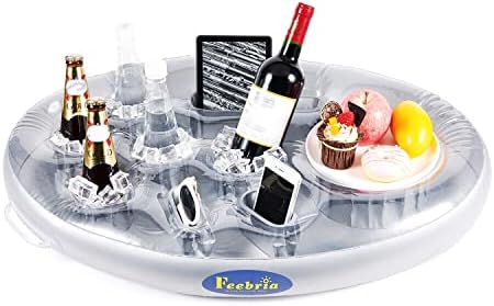 FEEBRIA Inflatable Floating Drink Holder with 9 Holes Large Capacity Drink Float for Pools & Hot Tub (Sliver)