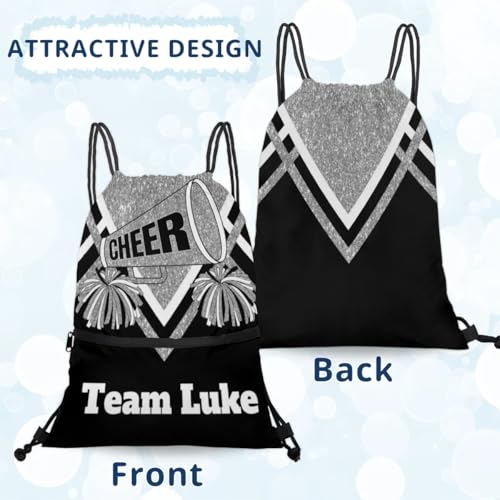 Drawstring Backpack with Name, Cheerleading Competition Drawstring Gym Bags Drawstring Beach Bag for Dance Gym Sports Travel, Silver Glittering Black Cheer Team4