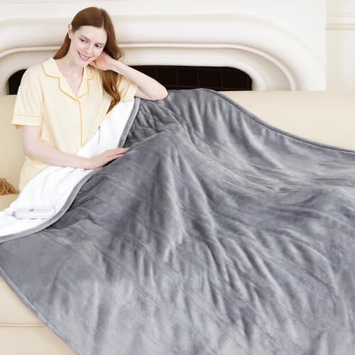 Electric Blanket Throw 50" x 60" - Soft Flannel Sherpa Heated Blanket Throw with 5 Heating Levels & 4 Hours Auto Off, Electric Lap Blanket as a Gift for Grandma, Machine Washable (Grey)