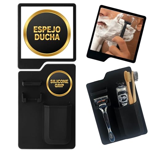 Espejo Irrompible Antivaho para Ducha con Soporte Maquinilla Y Cepillo Dientes Organizador Aseo Adhesivo Baño Sin Taladro Accesorio Minimalista Afeitado Hombre Compacto Negro Moderno