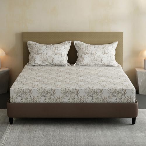 Image of Layers 100% Cotton Bedsheet for Double Size Bed | Lumina Floret Collection | 144 TC Soft & Breathable | Floral Print with 2 Pillow Covers | Wrinkle Free & Colorfast | 3 Pc Bedding Set - White & Beige