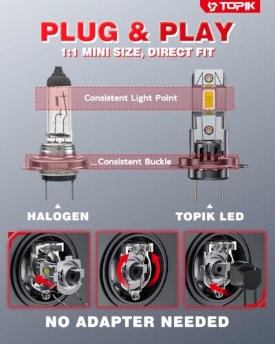 Image of TOPIK H7 Bulbs, [Upgraded-Gen] 80,000LM 900% Ultra-Bright, 6500K Cool White | H7 /H7LL Light Bulbs 1:1 Halogen Size Direct Replacement, No Flicker, 99% Canbus Ready, Pack of 2