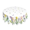 Spring Summer Easter Tablecloth Round 60 Inch Watercolor Flowers Lavender Tulip Blooming Floral Washable Wrinkle Stain Resistant Polyester Holiday Table Cloth For Party Dinner Picnic Outdoor Indoor