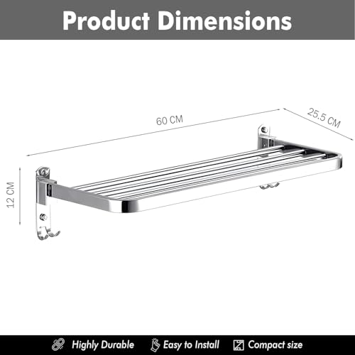 Image of Zureni Folding Towel Rack for Bathroom with Multipurpose Hooks Wall Mount Hanger Bar Shelf Accessories and Fittings Stand Home Kitchen Washroom (Pack of 1, Silver, 1025)