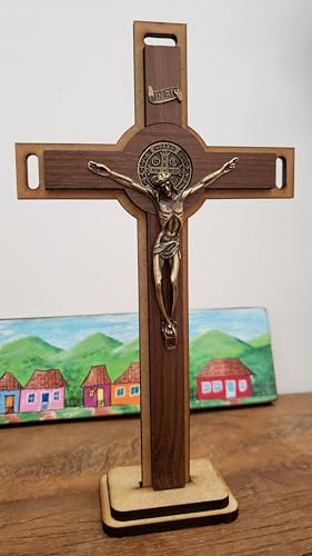 Cruz Crucifixo em Madeira e Metal para Parede e Mesa, 30 cm x 20 cm