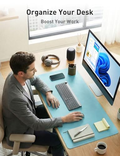 Image of Aothia Faux Leather Desk Mat - Non-Slip PU Leather Desk Blotter, Waterproof Writing Surface, Large Desk Pad for Office & Home (Blue Topaz, 55 inch x 24 inch)