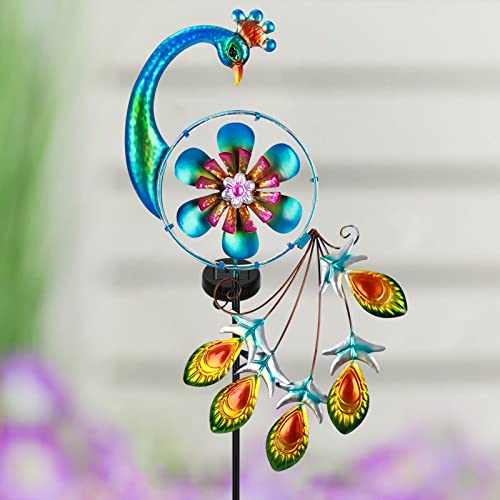 Solar Peacock Decorative Garden Stake, 12 Multi-Color Twinkle Leds Around Double-Layer Metal Flower Windmills For Yard And Patio #TOP1