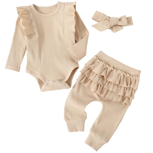 Image of Fullfamous Baby Girl's 3pc Rib Frill Long Sleeve Romper and Pant Set
