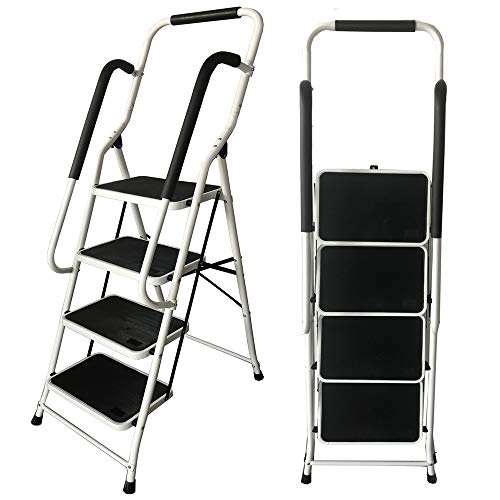 Escabeau 4 Marches, Escabeau 4marches Pliant avec 2 Rampes de Sécurité & Pieds et Marches Antidérapants Marche Pied Pliable Charge Max.150Kg Cover