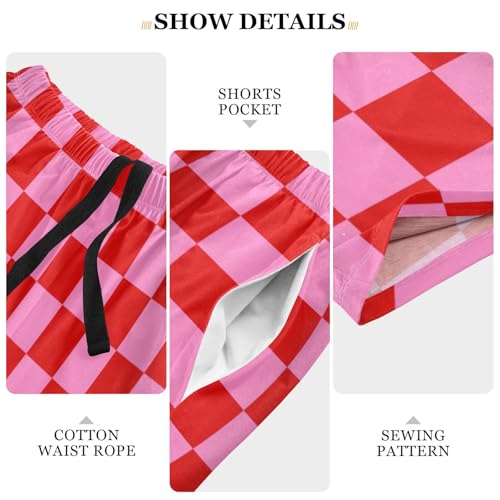 Men's Pink and Red Buffalo Checkered Pajama Shorts with Pocket and Drawstring S4