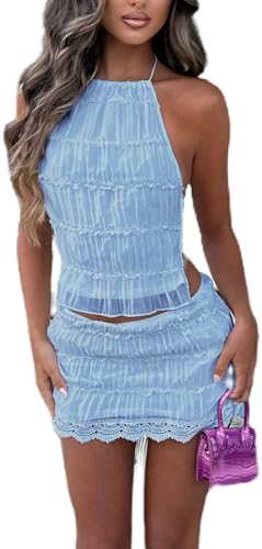 Image of Yiulangde Y2k Mini Skirt Sets for Women Beach Vacation Lace Skirt and Backless Halter Tie Crop Tops Going Out 2 Piece Outfits