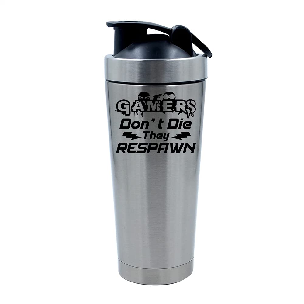 Getagift 500ml Aluminium Shaker Bottle for Supplement Shakes - Easy Clean, Durable Cup Gamers Don't Die They Respawn Funny Retro Gamer Enthusiast PC Gamer. (Silver)
