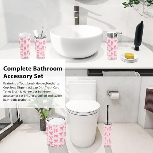 Bathroom Accessory Set 6 Piece Boho Cute Coquette Seamless Pattern Bow Delicate Pink Trendy Patterned Trash can, Toothbrush Holder, Soap Dispenser, Soap Dish, Toothbrush Cup, Toilet Brush Holder