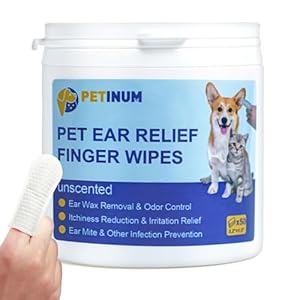 Pet Ear Cleaner Finger Wipes, Natural Ingredients Ear Finger Wipes for Dogs & Cats, Remove Ear Wax, Debris, Reduce Odor, Ear Itching & Inflammation, Unscented, Vet Formulated, 50 Count