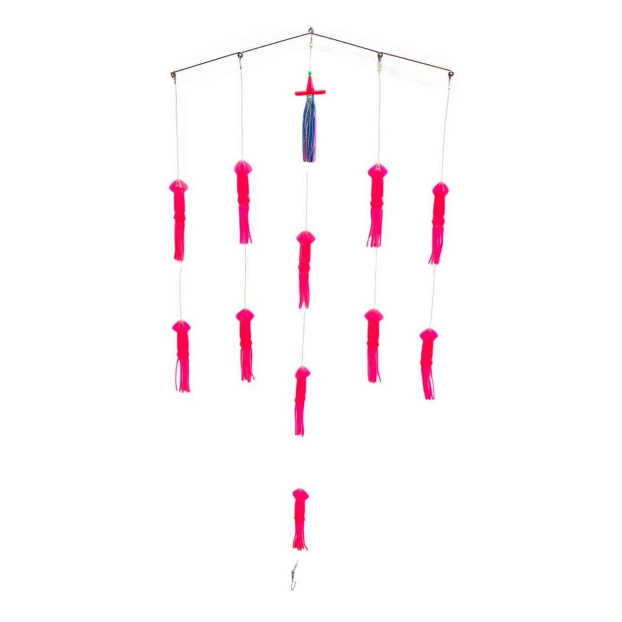 MASTERPRO Squid Spreader Bar Fishing Teaser, Offshore Game Fishing Trolling Rig, Stainless Steel 3/5 Rings, 7/11 Green or Pink Rubber Squid with Washable Mesh Bag (Pink, 5 Rings)