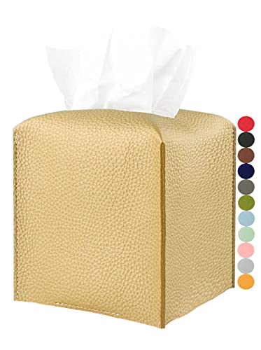 Gold Tissue Box Cover Leather Tissue Holder with Bottom Belt by JESMINI Decorative Aesthetic PU Leather Tissue Box Holder for Bathroom Home Office Decor