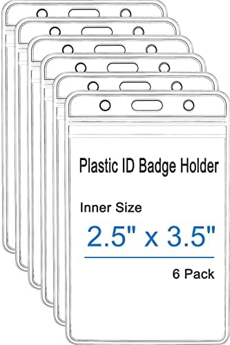 6 Pack Vertical ID Badge Holders, Anti-Print Transfer Clear Plastic Name Card Holder with Sealable Waterproof Zip Close, 2.5" x 3.5" Inner Size