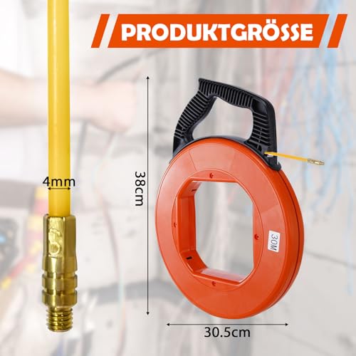 JAMHEXOU Kabeleinziehhilfe 30M, 4mm Einziehspirale 30m Flexible Einziehfeder, Polyester Zugdraht für Leerrohre Fish Tape Einziehhilfe Kabelziehhilfe Für Kabel Mit 1 Führungsfedern