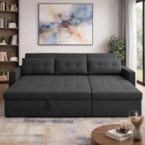 Image of Emilio 4 Seater RHS L - Shape Pull-Out Sofa Cum Bed Sofa for Living Room (Black Fabric Color) Premium Fabric Sofa Set for Living Room Sofa Cum Bed