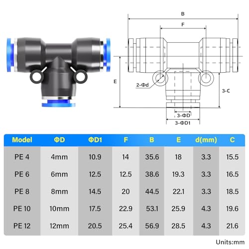 TAILONZ PNEUMATIC 6mm OD Tee Plastic Push to Connect Fittings 3 Ways Tube Connect Push Fit Push Lock PE-6 (Pack of 2)
