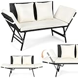 Gartenbank Polyrattan mit Liegefunktion, 2-Sitzer Gartensofa mit Verstellbare Armlehnen, Outdoor Sofa Wetterfest mit Sitzpolstern & Kissenfür, 3 in 1...
