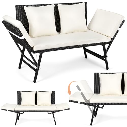 Ollewiellan Banc de jardin 3 en 1 en rotin synthétique avec fonction allongée, canapé de jardin 2 places, accoudoirs rabattables (boulons d'insertion),...