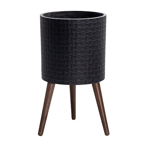 D'vine Dev 12 Inch Modern Geometric Tile Patterned Sleek Planter Pot with Stand, Indoor Outdoor Decorative Plant Holder, Distressed Black, 88-Z-C-5