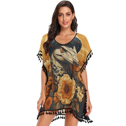KAAVIYO Yellow Hat Snake Sunflower Women's Beach Cover Up Chiffon Tassel Swimwear Swimsuit Coverups for Girl