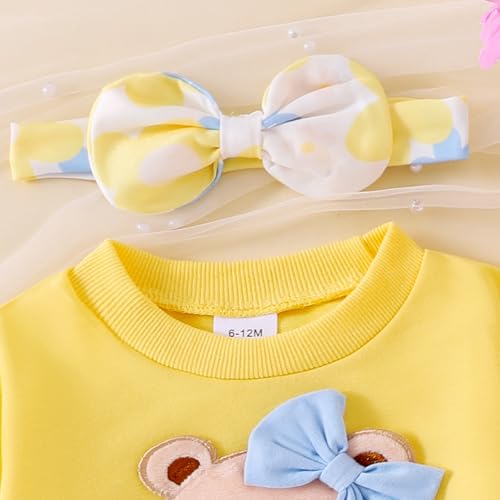 Image of Baby Girl Clothes Fall Winter Long Sleeve Bear Cartoon Sweatshirt Flare Pants Bow Headband Set 6 Months-4 Years Old