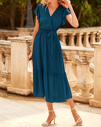 Image of BTFBM Women Summer Bohemian Floral Casual Wrap V Neck Ruffle Cap Sleeveless Belt A-Line Pleated Hem Midi Sun Dress White