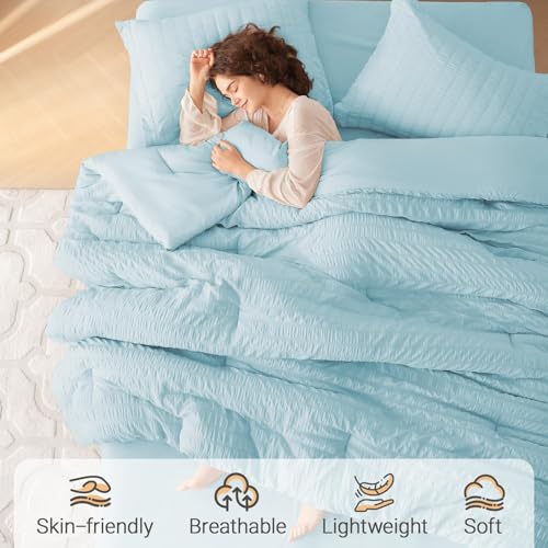 MUXHOMO 5 Pieces Twin Comforter Set, Seersucker Bed in a Bag Twin Size, All Season Luxury Bedding Set with Comforter, Flat Sheet, Fitted Sheet, Pillowcase & Sham, Lake Blue
