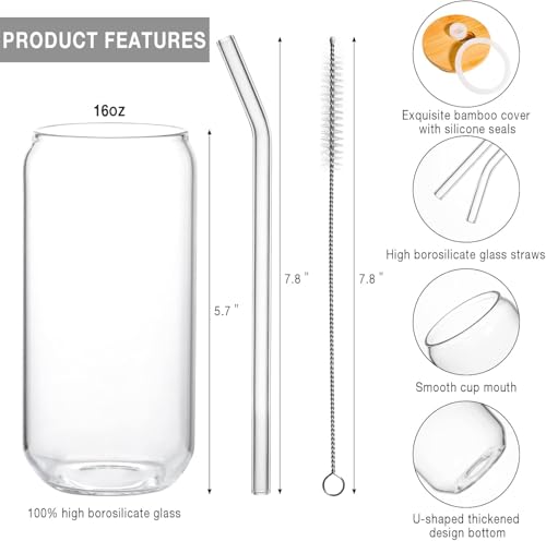 Kxuhivc 4 Pack Glass Cups Set 16oz Drinking Glasses with Bamboo Lids and Straws Beer Glass Tumbler for Mojito Soda Smoothies Whiskey Iced Coffee Cocktail Tea Juice - Thumbnail 2