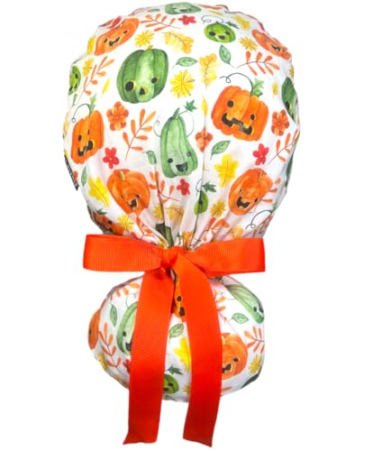 Image of Scrub Cap for Women and Men, Ponytail Scrub Caps, Working Hat, Head Cover with Ribbon Ties and Buttons, Long Hair