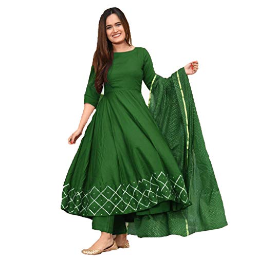 Image of GoSriKi Women's Rayon Anarkali Soild Kurta with Dupatta Set(KUMT-New-Dress-Green)