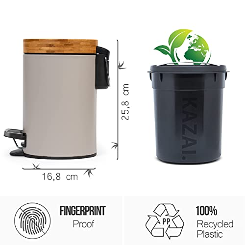 Kazai. 3L Designer Bathroom Bin | Superior Bamboo | Soft Closing | Anti-Finger | Light Gray (Warm) #TOP4