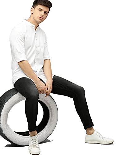 Image of OTUS Men's Cotton Casual Slim Fit White Mandarin Shirt